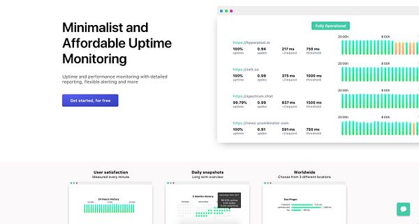 The image displays a landing page for an uptime monitoring service with various performance metrics and features.