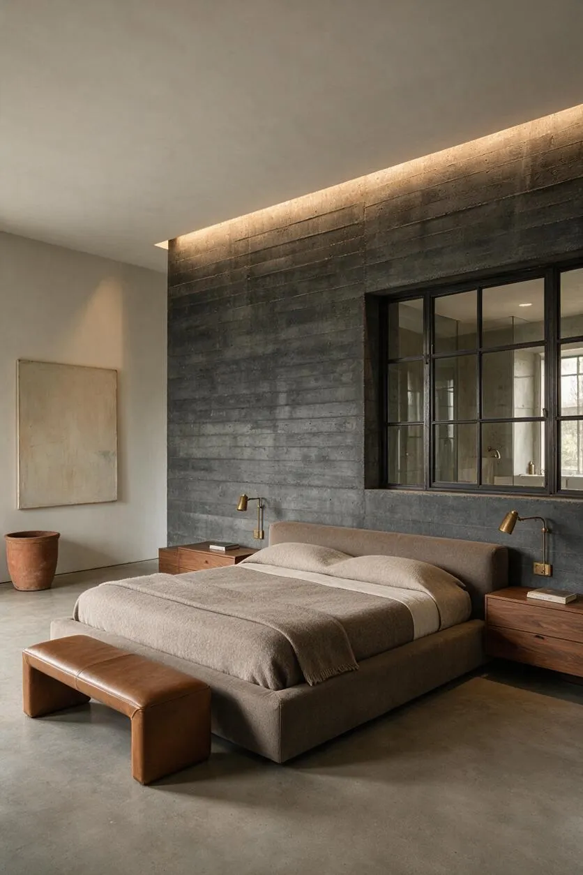 A minimalist master bedroom with a low upholstered bed, a leather bench at the foot, and wooden nightstands with brass lamps. The room features a dramatic dark concrete accent wall with a black-framed window and soft neutral bedding under warm indirect lighting.