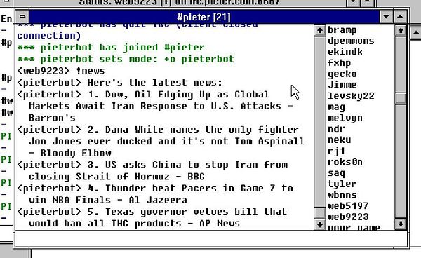 The image displays a chat interface from an IRC channel showing the latest news updates.