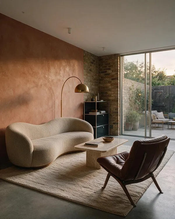 A modern sunroom with a sculptural cream boucle sofa, a brown leather lounge chair, and a travertine coffee table on a textured rug. A brass arc floor lamp, brick accent wall, and large sliding glass doors bring in soft natural light and views of the outdoor patio.