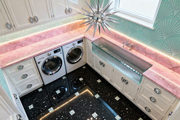 An elegant laundry room with glossy black terrazzo floor and white cabinetry, featuring faceted diamond-shape pulls, a pink marble countertop and matching short backsplash, and a ribbed glass apron-front sink beneath a window. Mint green Art Deco fan-pattern wall tiles and warm LED strip lighting set a glamorous tone, complemented by a chrome starburst chandelier and a white front-loading washer and dryer with stainless trim.