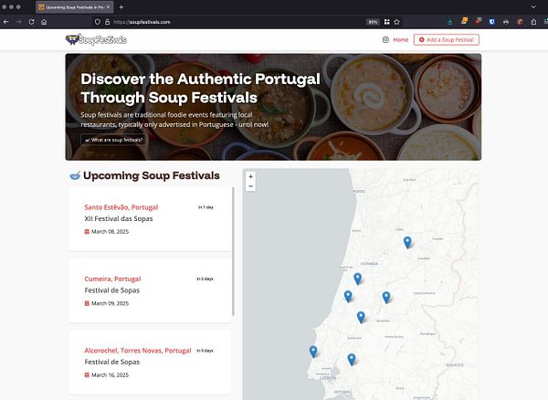 The image displays a webpage for Soup Festivals in Portugal, featuring upcoming events and a map.
