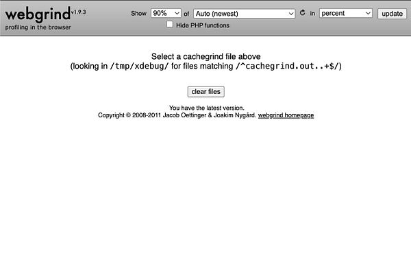 The image displays the Webgrind interface for profiling PHP applications.