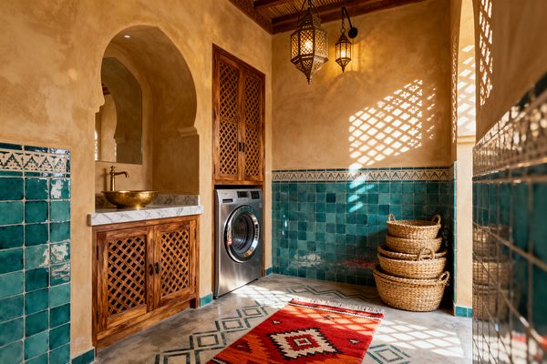 A Moroccan-style laundry room features glossy teal square tiles to mid-wall with a geometric border, sand-colored plaster walls, and wood lattice cabinets. An arched niche frames a brass vessel sink on a white marble countertop. A stainless front-loading washer sits beside storage, while two pierced metal lanterns hang from a wood-beamed ceiling, casting patterned light. A red geometric rug and stacked woven baskets sit on a smooth concrete floor.