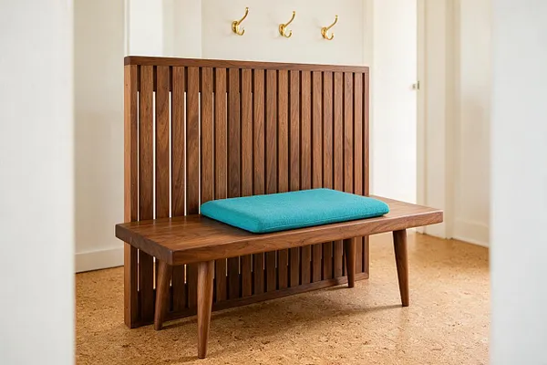 A Mid-Century Modern bench sits against a light wall, made of warm walnut with a vertical slatted back and tapered legs. A bright turquoise cushion adds a bold color accent, while brass wall hooks above and a cork floor complete the simple entryway vignette.
