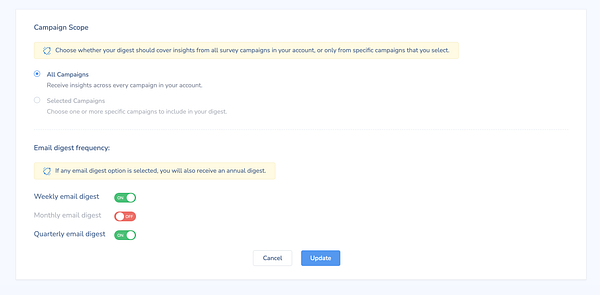 The image displays a user interface for updating email digest settings related to campaign insights.