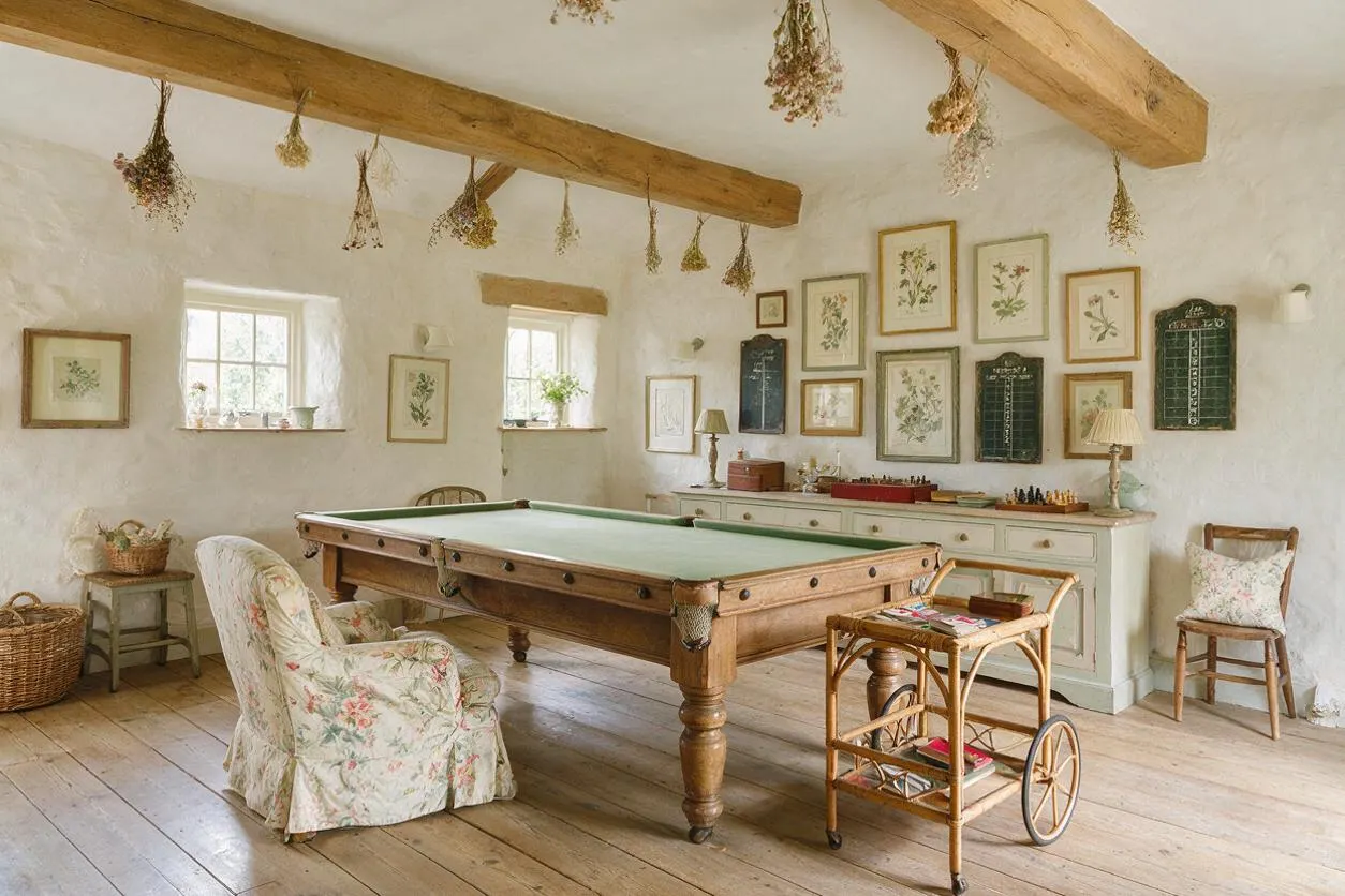 A bright cottage-style game room with a wooden billiards table at the center, floral-upholstered chairs, exposed ceiling beams, and dried flowers hanging overhead. The white plaster walls display botanical prints, while pale wood floors and antique-style furnishings create a warm, rustic atmosphere.
