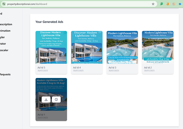 The image displays a dashboard interface showcasing generated ads for a property rental service.
