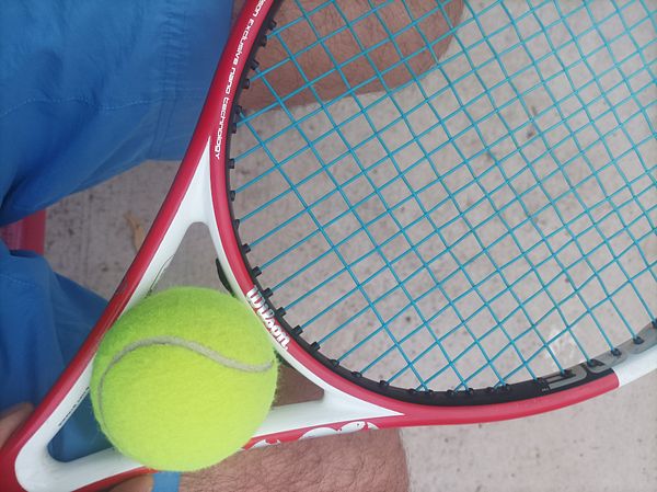 A tennis racket is positioned next to a bright green tennis ball.