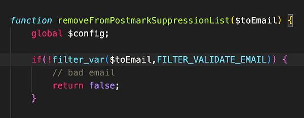 A code snippet for a PHP function that validates an email address before removing it from a suppression list.