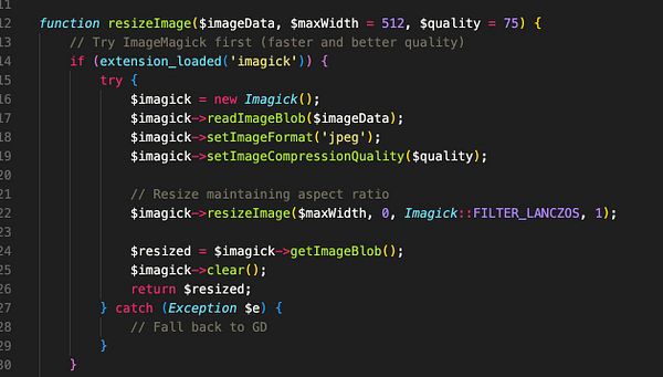 The image displays a code snippet for a PHP function that resizes images using the Imagick library.