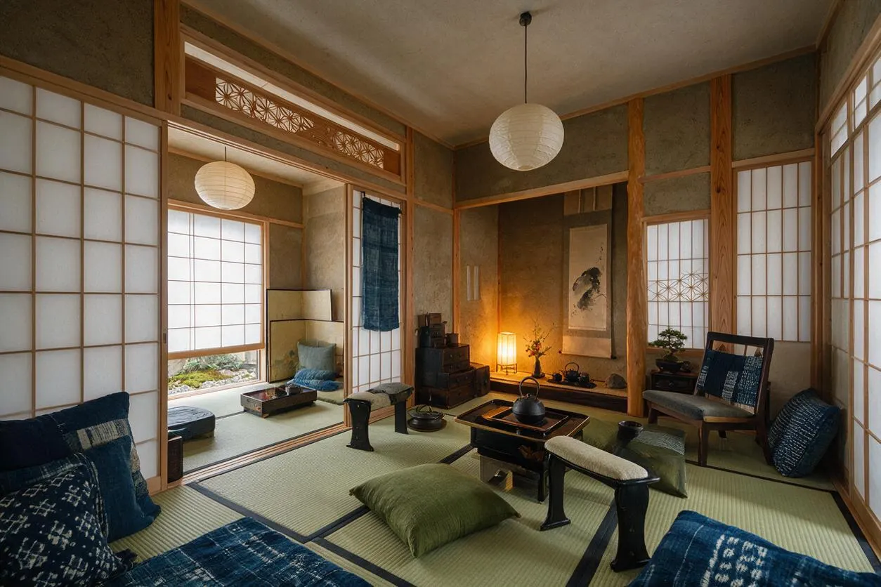 A Japanese Zen-style basement room with tatami mat flooring, shoji screens, and low seating arranged around a central tea table. Warm wood framing, paper lantern lights, and a softly lit alcove with decor create a calm, meditative atmosphere.