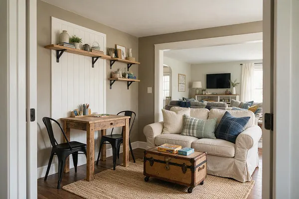 A farmhouse-style game room features a small rustic wood table with two black metal chairs, open wood shelves on a white vertical panel accent wall, and a cream slipcovered loveseat with plaid pillows. A vintage trunk coffee table sits on a natural jute rug, with warm taupe walls and a view into a bright adjoining living room.