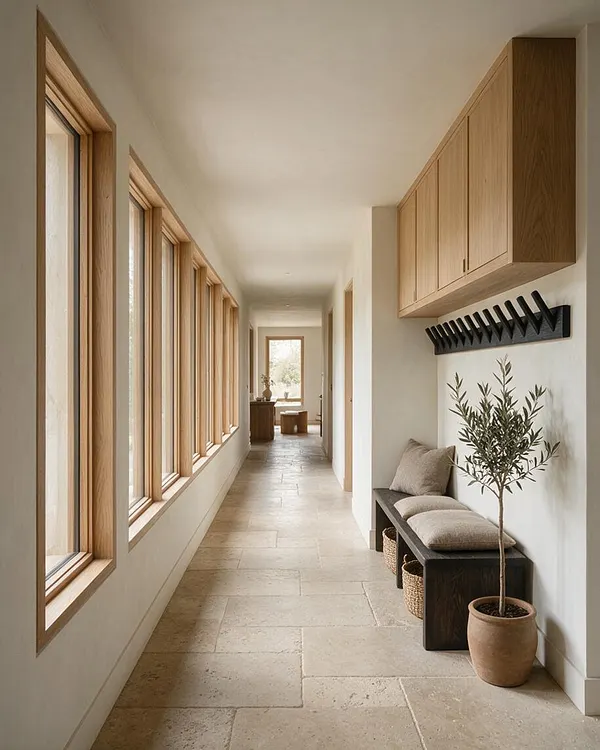 A long, narrow entryway in Japandi style with large wood-framed windows on the left, pale stone tile flooring, and warm neutral walls. On the right, a dark wood bench with beige cushions sits beneath light oak storage cabinets and black wall hooks, with a potted olive tree adding a natural accent.