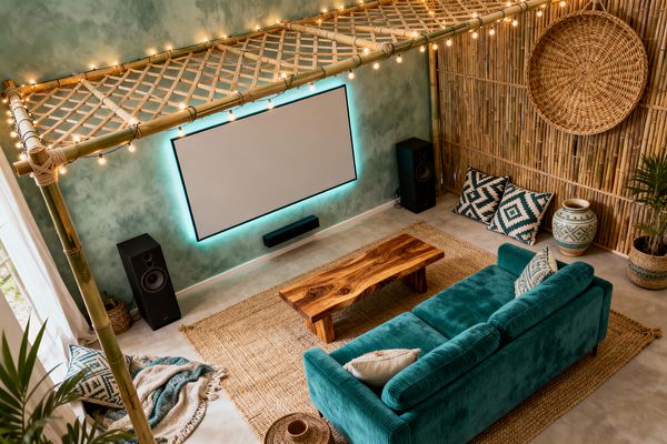 Bohemian media room featuring a bamboo canopy strung with warm fairy lights above a teal ribbed-velvet sofa, a jute rug, and a live-edge wood coffee table. A wall-mounted screen glows with aqua backlighting against mottled sea-green walls, flanked by black tower speakers and a soundbar; to the right, bamboo cladding, a large woven rattan basket, patterned teal-and-cream pillows, potted palms, and a painted ceramic jar create a relaxed, tropical atmosphere.