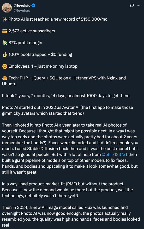 A tweet detailing the success of Photo AI, highlighting its financial achievements and development journey.