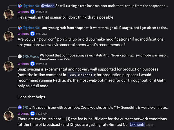 A conversation in a chat interface discussing issues with running base nodes and syncing methods.