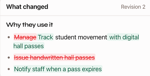 Screenshot of a code diff interface showing word-style change highlighting between two code versions.