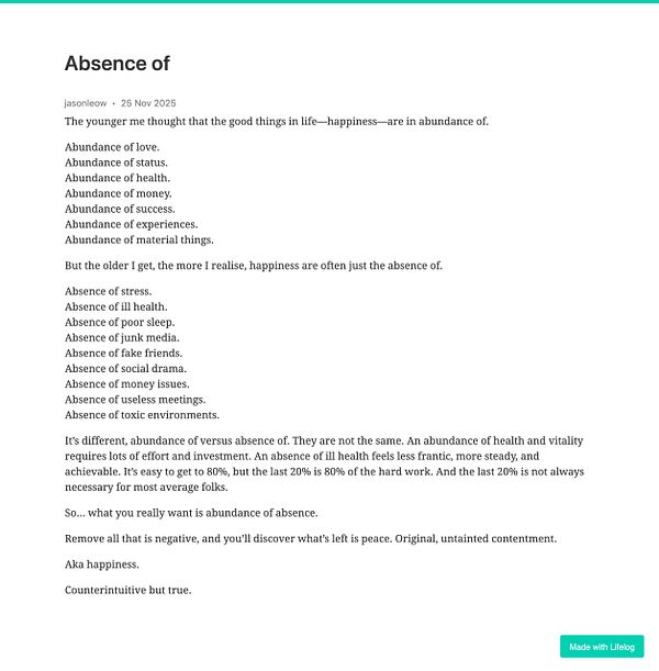 The image features a reflective text post discussing the concept of happiness as the absence of negative elements in life.