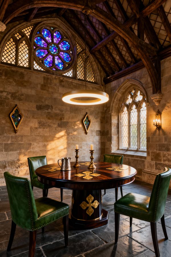 A medieval-inspired dining room with stone walls, a vaulted timber ceiling, and leaded Gothic windows, including a blue and purple rose window. A round dark-wood pedestal table with brass quatrefoil inlays sits on a slate floor, paired with four emerald-green leather chairs. A circular halo pendant and a wall sconce cast warm light over brass candlesticks and a metal jug.