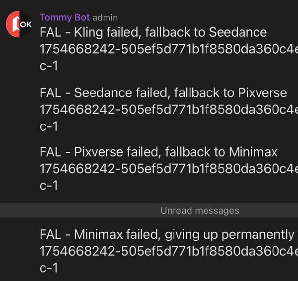 The image displays a series of error messages related to a video fallback flow process.