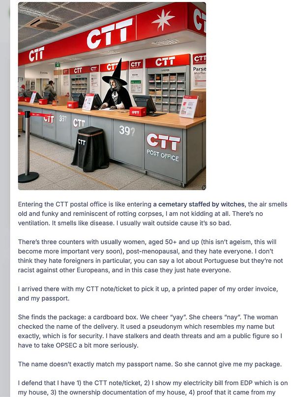 The image depicts the interior of a CTT postal office with a witch-like figure at the counter.