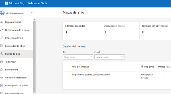 The image displays the Bing Webmaster Tools interface for managing sitemaps for the website aibuiltgames.com.