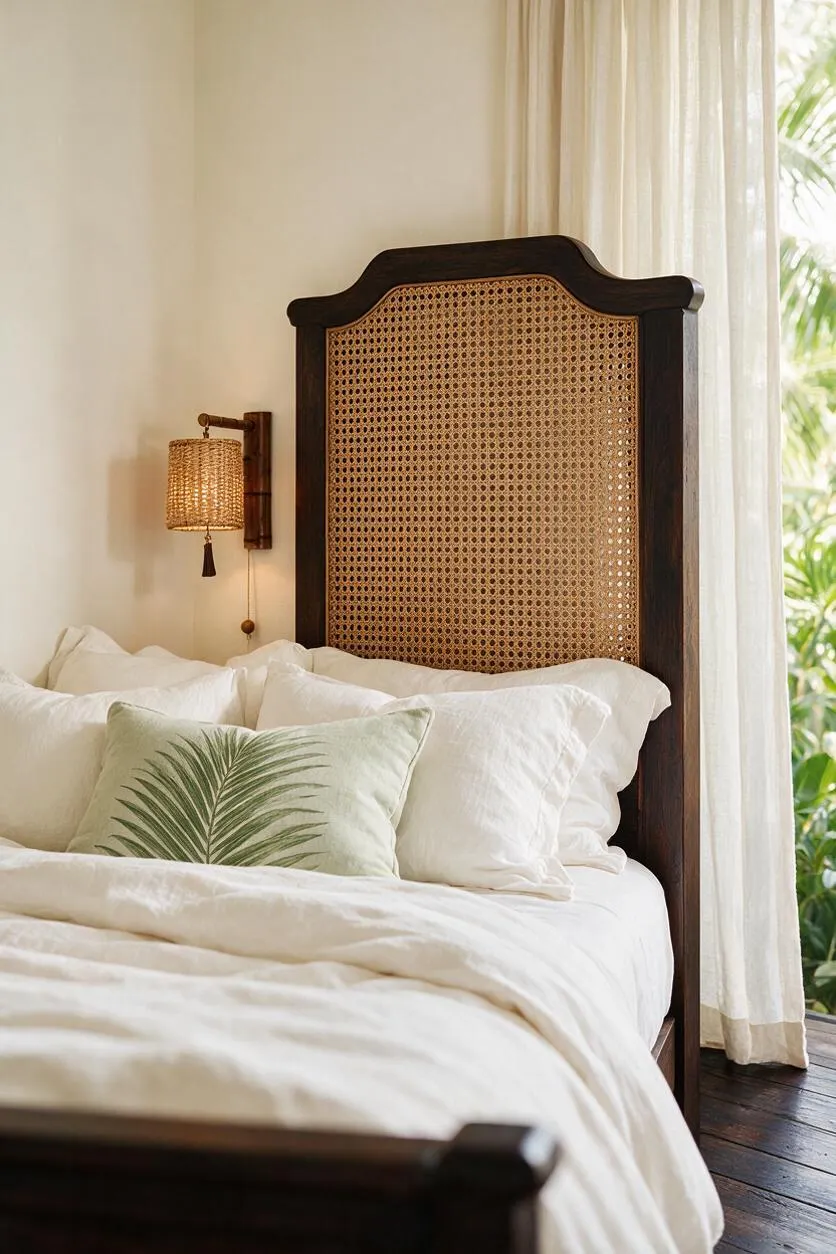A serene bedroom features a tall dark wood bed with a woven cane headboard, layered white bedding, and a pale green palm-print accent pillow. Sheer cream curtains filter daylight beside a window with tropical foliage visible outside, while a woven wall sconce adds warm texture.