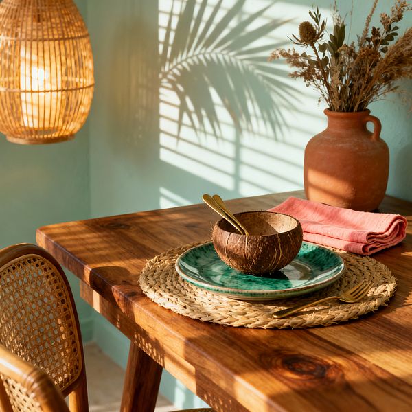 A sunlit tropical dining vignette featuring a solid wood table set with a woven seagrass placemat, an emerald green ceramic plate, and a coconut shell bowl paired with gold flatware. A coral pink napkin and terracotta vase filled with dried stems sit nearby, while a rattan pendant lamp glows and palm frond shadows fall across a mint green wall and the edge of a cane chair.