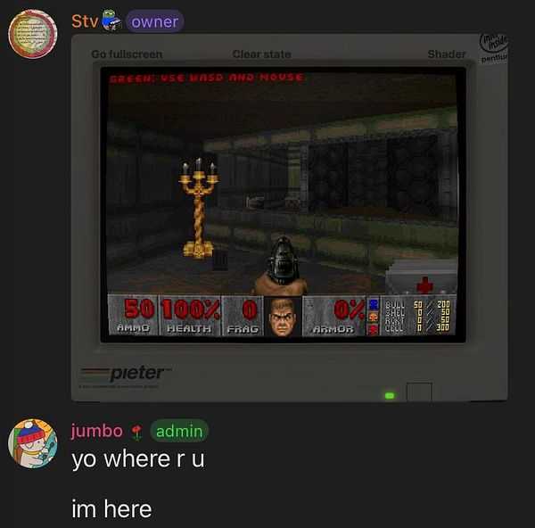 Screenshot of DOOM multiplayer mode displaying deathmatch gameplay on a dusty, industrial map.