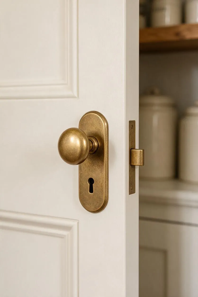 A close-up view of a white paneled cabinet door with a round brass knob and matching keyhole escutcheon. The warm metallic hardware contrasts with the painted wood, and blurred ceramic jars are visible on shelving in the background.