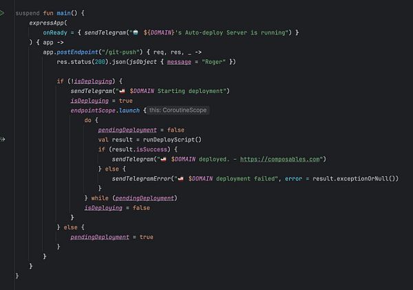 The image displays a Kotlin code snippet for an auto-deployment server using the Express framework.