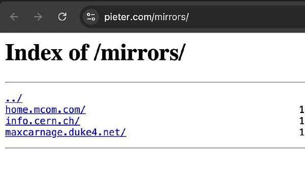 The image displays a web page index of mirrors hosted at pieter.com.