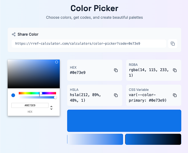 A user interface for a color picker tool displaying various color codes and options.