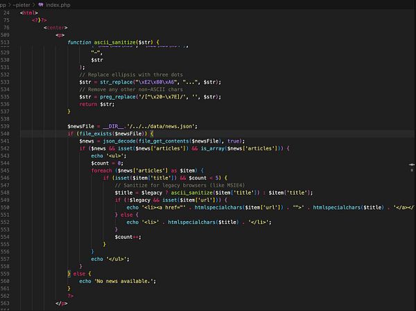 The image displays a code snippet from a PHP file related to news article encoding and display.