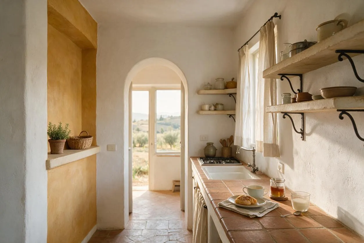A narrow Mediterranean-style kitchen with white plaster walls, an arched doorway, and a terracotta-tiled countertop running along the right wall. Open shelves hold simple ceramics and jars, while a window with light curtains brings in soft daylight. Natural textures, a small sink, and a view through the doorway create a warm, rustic atmosphere.