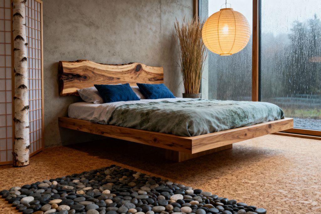 A biophilic bedroom features a floating platform bed with a live-edge wood headboard, dressed in mossy green bedding and deep blue pillows. The space includes a cork floor with a river-stone rug, a textured concrete wall, a shoji-style screen beside a birch log, a large wood-framed window with rain on the glass, a paper lantern casting warm light, and a tall pot of dried grasses by the bed.