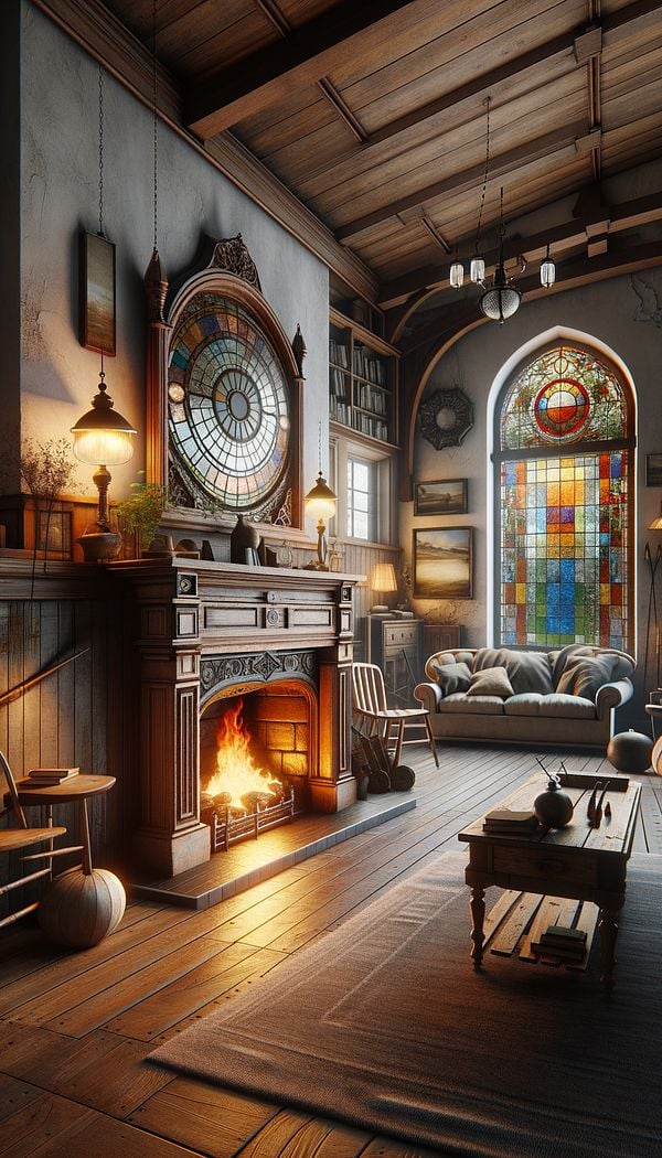A cozy living room featuring a fireplace with a salvaged wooden mantel, surrounded by other reclaimed architectural elements like a vintage stained glass window and antique lighting fixtures.