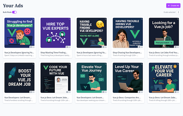 The image displays a grid of advertisements related to Vue.js job opportunities and developer recruitment.