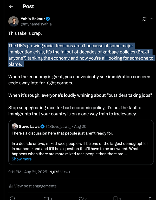 A Twitter post discussing the impact of economic policies on racial tensions in the UK.