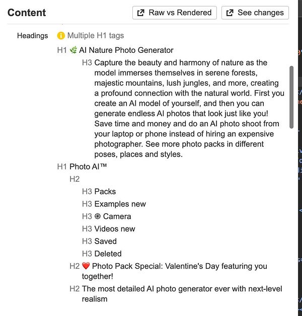 The image displays a content management interface with various headings and text related to an AI photo generation tool.