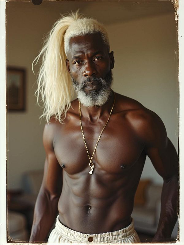 A muscular man with long blonde hair and a beard poses confidently in a casual setting.