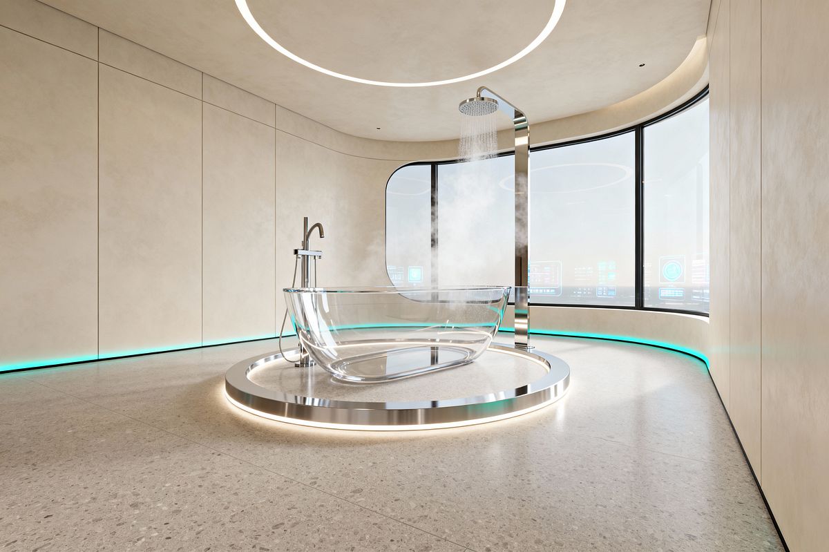 Room AI – Floating Glass Tub in Curved Futuristic Bathroom - Interior