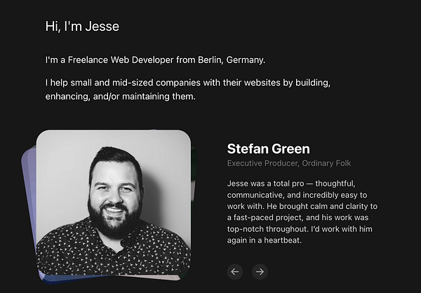 A professional profile showcasing Jesse, a freelance web developer, along with a testimonial from a client.
