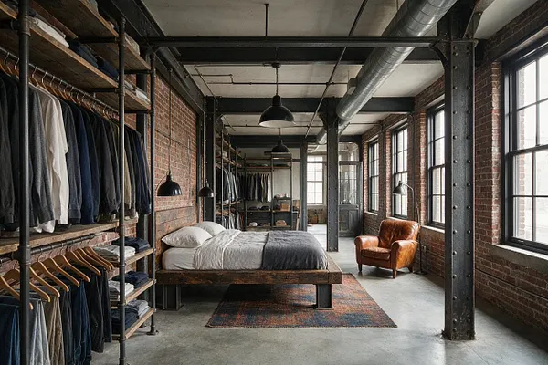 A spacious industrial-style master bedroom with exposed brick walls, black steel beams, and large factory-style windows. A low platform bed sits on a concrete floor beside open clothing racks, a leather accent chair, and a textured area rug.