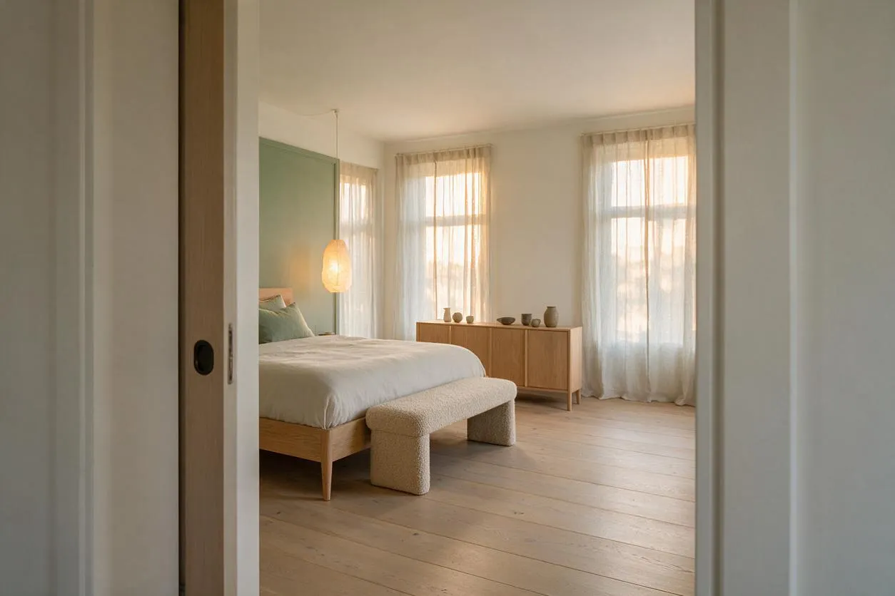 A bright Scandinavian-style guest bedroom with a low wooden bed dressed in white bedding, a sage green accent wall, and sheer curtains covering tall windows. A warm pendant light hangs beside the bed, and a small upholstered bench and simple wood sideboard complete the calm, minimalist space.