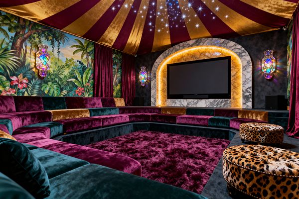 A lavish media room with a sunken seating pit features tiered sectional sofas in jewel‑tone velvet, surrounded by burgundy drapes and a tropical jungle mural. A burgundy-and-gold tented ceiling with tiny star-like lights spans overhead. The screen sits within a veined white‑marble arched niche lit by warm LEDs. Multicolored stained‑glass sconces flank the screen, leopard‑print round ottomans sit on the aisle, and a deep magenta shag rug covers the floor.