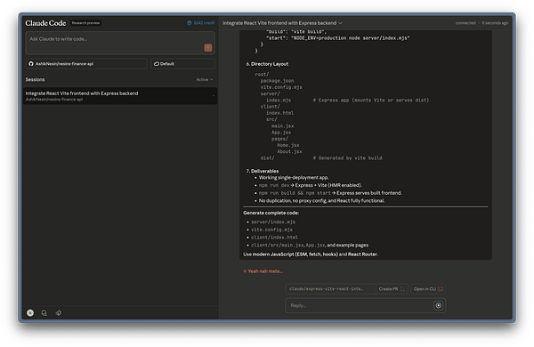 The image displays a coding interface for integrating a React Vite frontend with an Express backend.