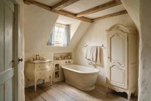 A French Country master bathroom with plaster walls, exposed wood ceiling beams, and wide plank wood floors. The room includes a curved cream vanity, a freestanding oval bathtub, a tall armoire-style cabinet, and a small window with checked curtains.