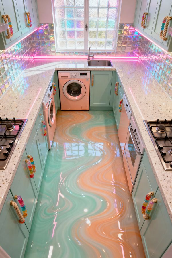 A U-shaped laundry-utility room features mint green cabinets with rope pulls threaded with candy-colored beads, white speckled countertops, and an iridescent glass-block backsplash lit by a bright pink LED strip. A stainless sink sits below a glass-block window, a front-loading washer fits under the counter, and twin stainless gas hobs flank the space. The high-gloss epoxy floor swirls aqua and peach, reflecting prismatic color across the pastel room.